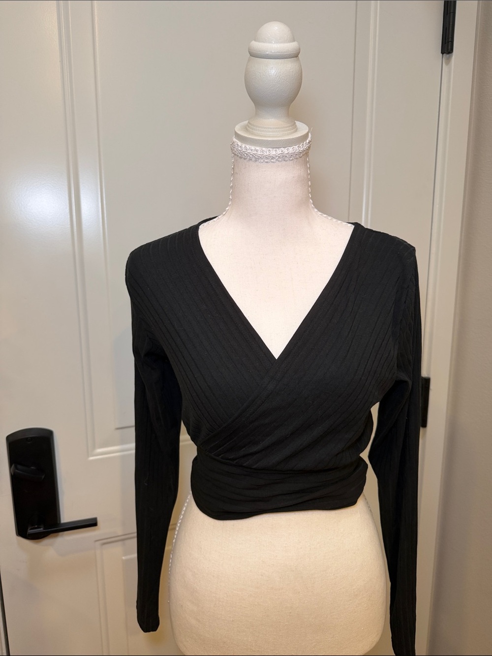 Black Ribbed Wrap-Front Crop Top - Picture 2 of 6